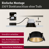 Schwarzer Einbaustrahler mit goldfarbener Innenfläche und 230V Direktanschluss ohne Trafo, 55 mm Einbautiefe