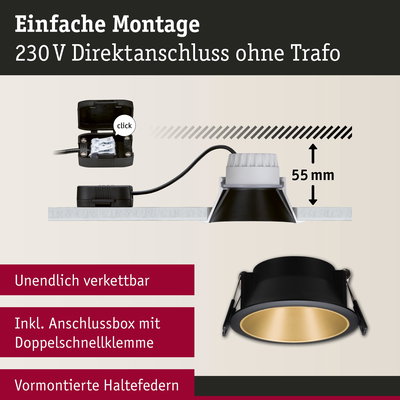 Schwarzer Einbaustrahler mit goldfarbener Innenfläche und 230V Direktanschluss ohne Trafo, 55 mm Einbautiefe