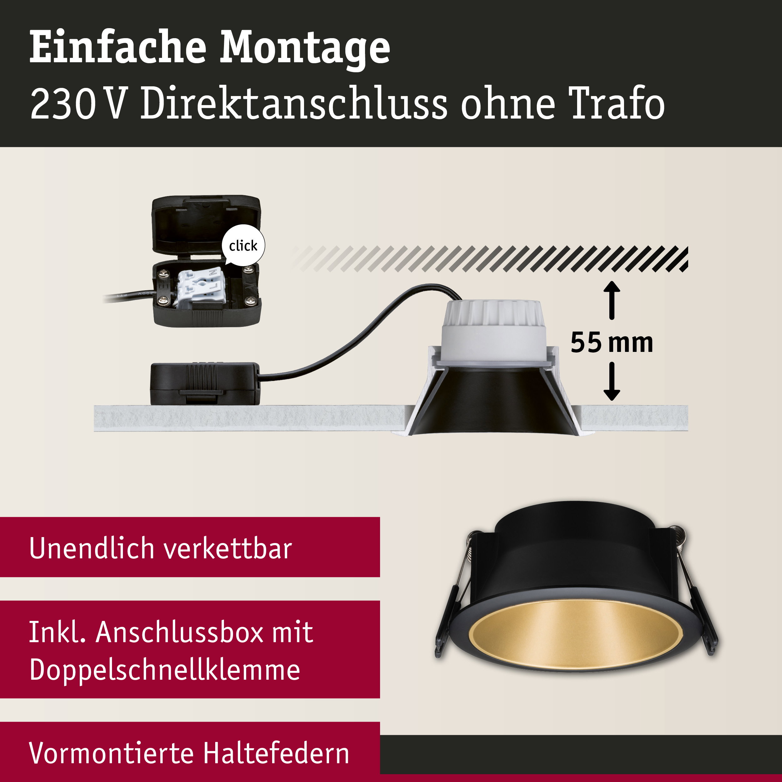 Schwarzer Einbaustrahler mit goldfarbener Innenfläche und Anschlussbox für 230V Direktanschluss ohne Trafo