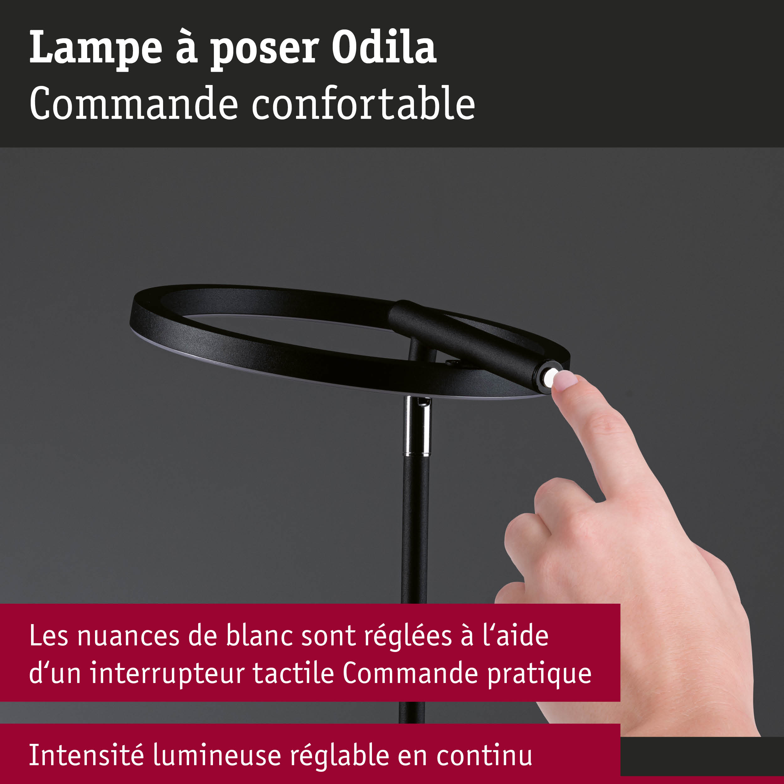 Lampe à poser Odila noire avec interrupteur tactile et intensité lumineuse réglable en continu