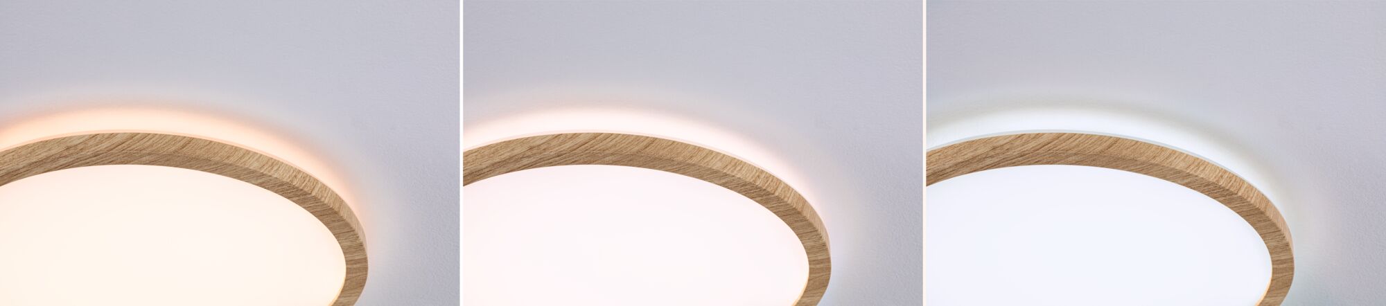 Plafonnier rond avec cadre en bois et éclairage LED dimmable blanc chaud à blanc froid