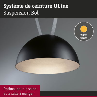 Suspension noire en forme de demi-sphère avec lumière blanc chaud, idéale pour salon et salle à manger.