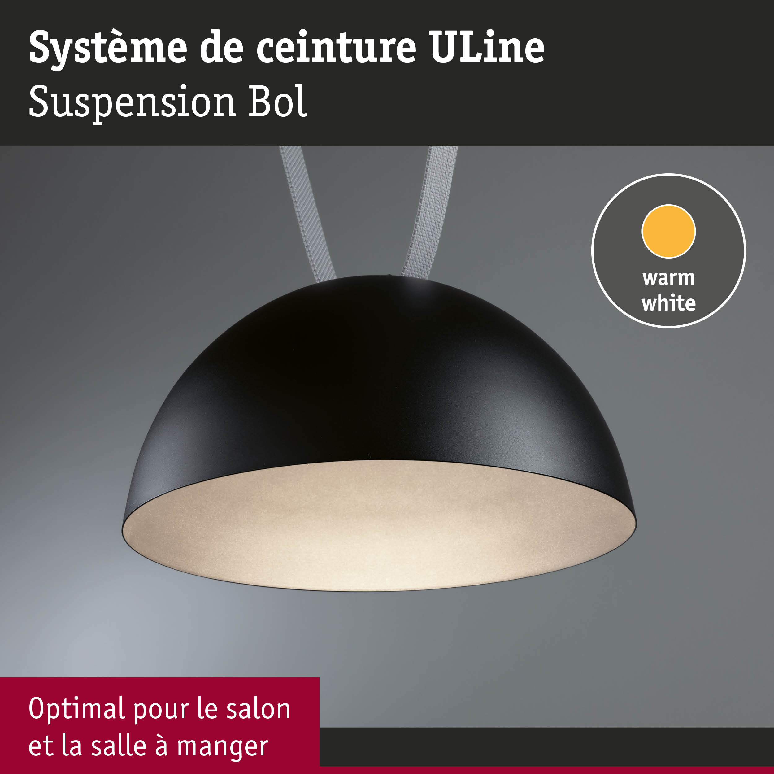 Système de suspension ULine noir avec lumière blanc chaud, idéal pour salon et salle à manger.