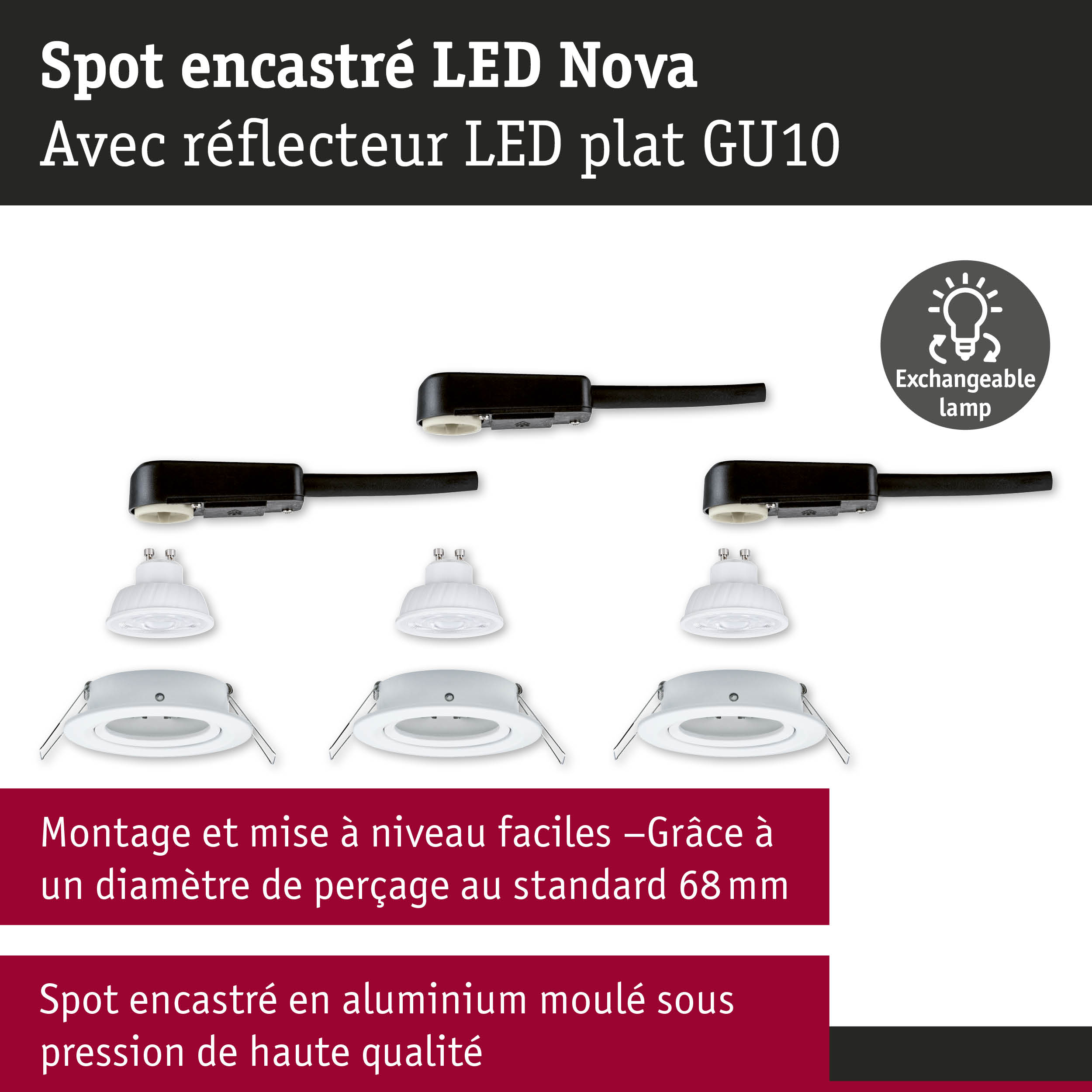 Spot encastré LED Nova en aluminium blanc avec douille GU10 et lampe interchangeable