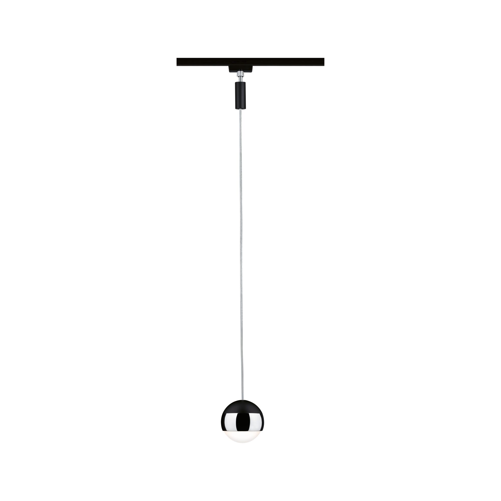 Moderne pendel med sort metalhoved og hvidt glas, minimalistisk design til opholdsrum.