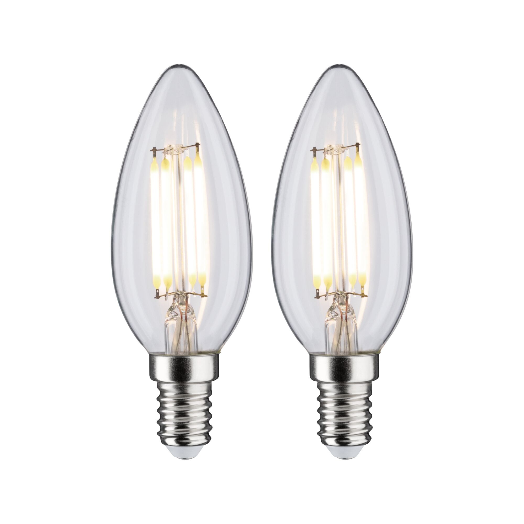 Zwei klare LED-Leuchtmittel in Kerzenform mit E14-Fassung für energiesparende Beleuchtung