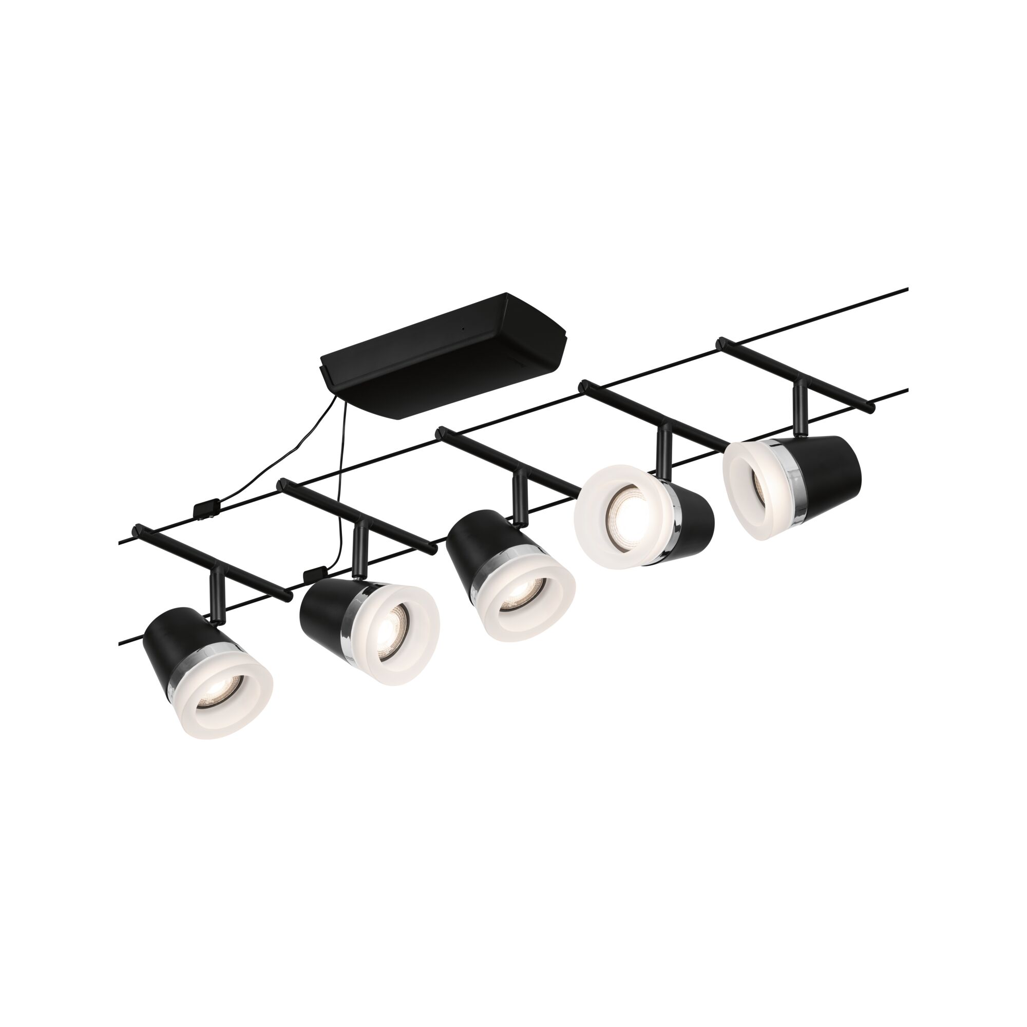 Black LED cable lighting system with five adjustable spotlights and white rings for modern room lighting
