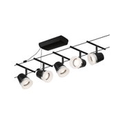 Schwarze LED-Schienenleuchte mit vier verstellbaren Spots und weißem Diffusor für moderne Innenbeleuchtung