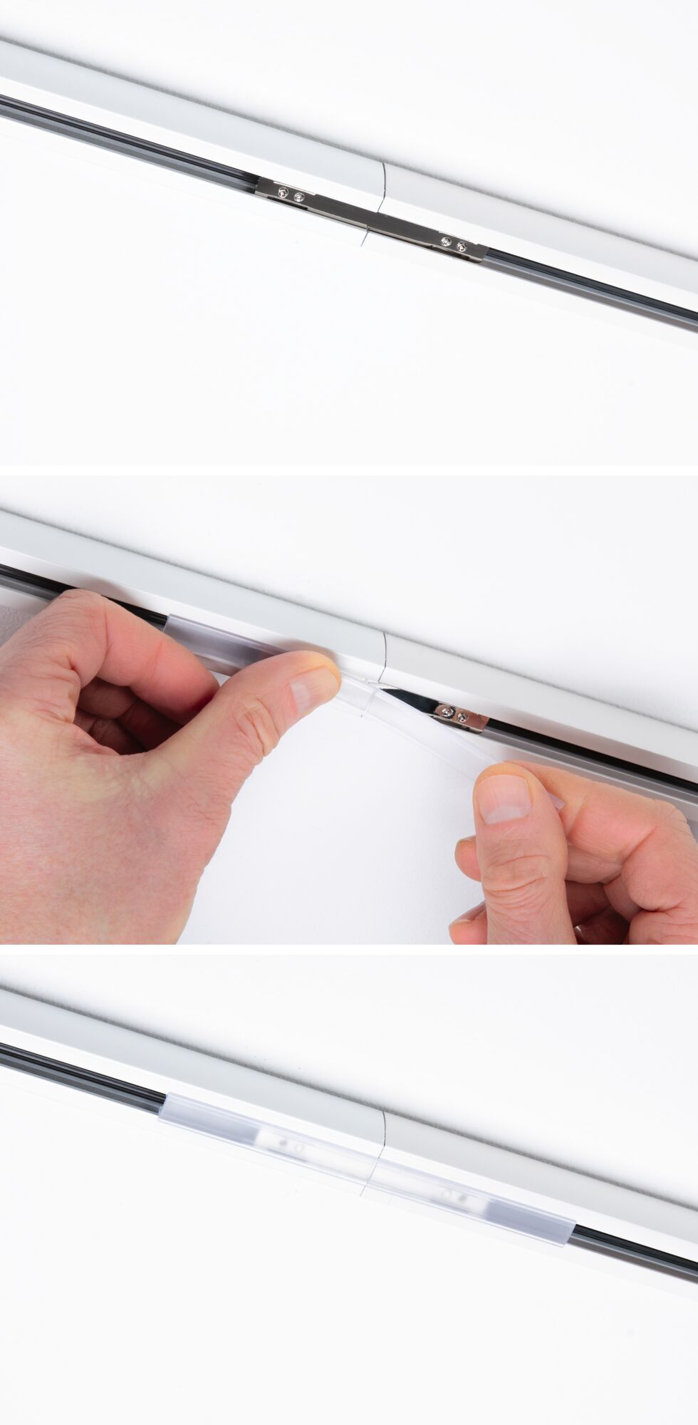 Système de rail blanc avec connecteur métallique et profil de couverture transparent pour éclairage LED