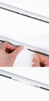 White track system with metal connector and transparent cover profile for LED lighting setup