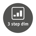 Icon showing three-step dimmable light with white bars on gray circle for LED lighting feature