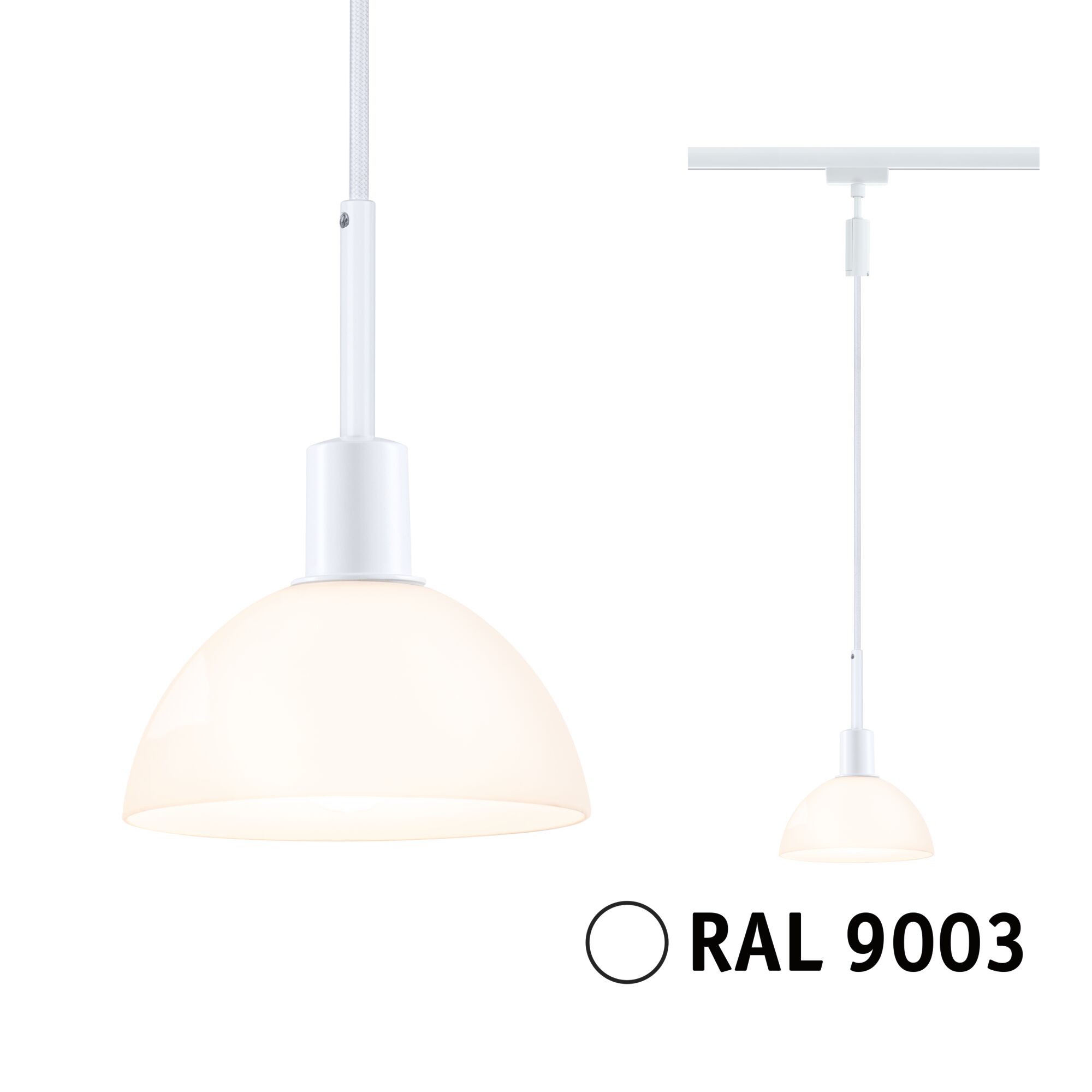 URail Přívěsek Sarrasani E14 max. 20W stmívatelný 230V Bílý signál Weiße Pendelleuchte mit halbrundem Glas-Schirm und Textilkabel, moderne Innenbeleuchtung RAL 9003