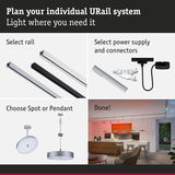 Modular URail system with rails, power supply, spotlights, and pendant lights for customizable lighting setups
