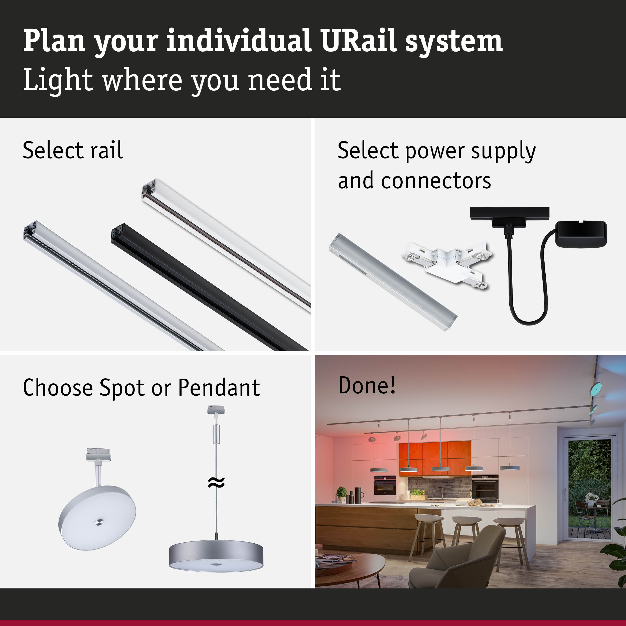 Modular URail track system with rail, power supply, and pendant light options for customizable lighting