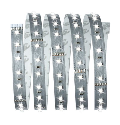 Flexible LED strip with white LEDs on silver circuit board for modern lighting accents.