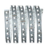 Flexible LED strip with white LEDs on silver circuit board for modern lighting accents.
