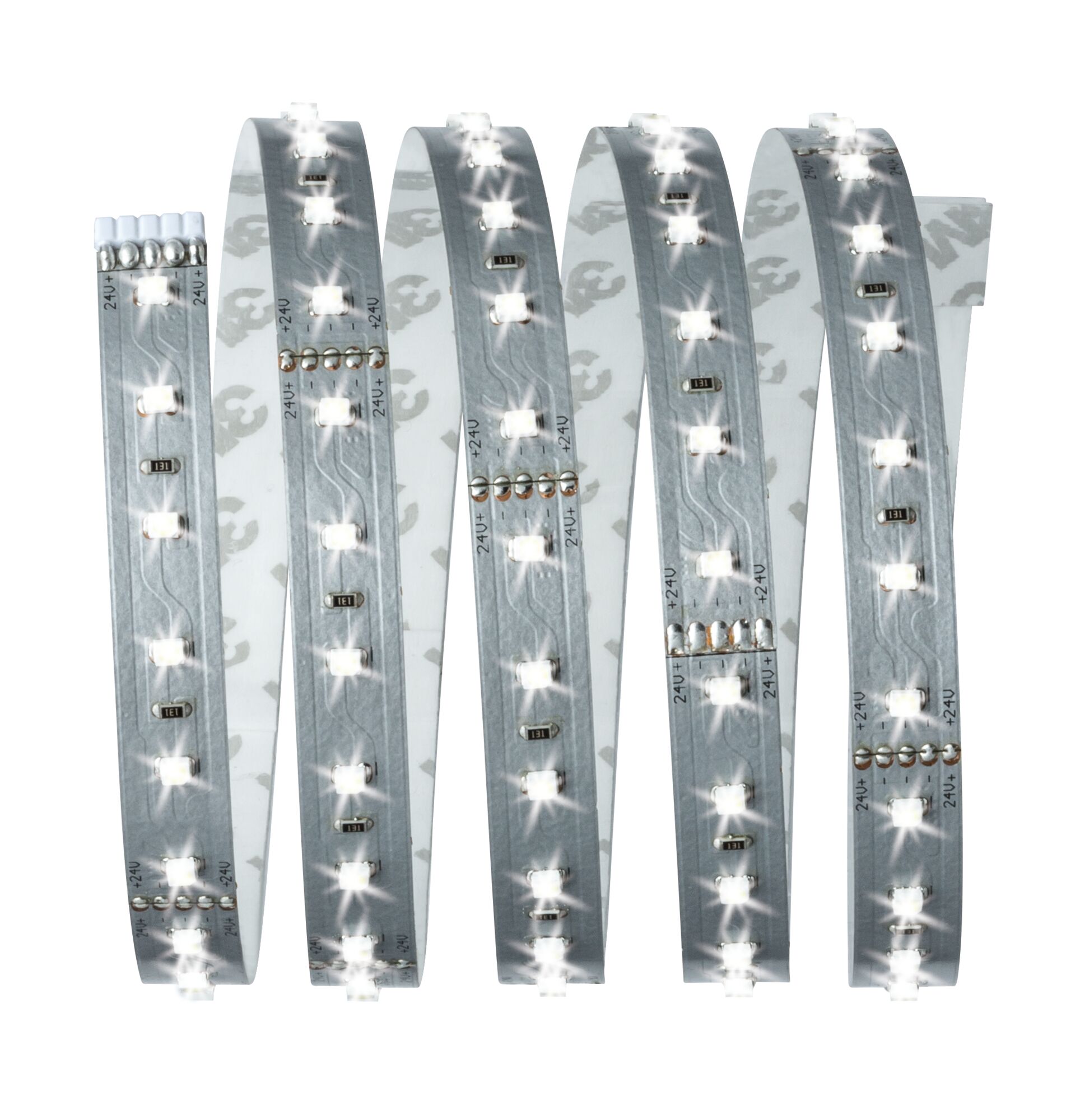 Flexible LED strip with white LEDs on silver circuit board for modern lighting accents.