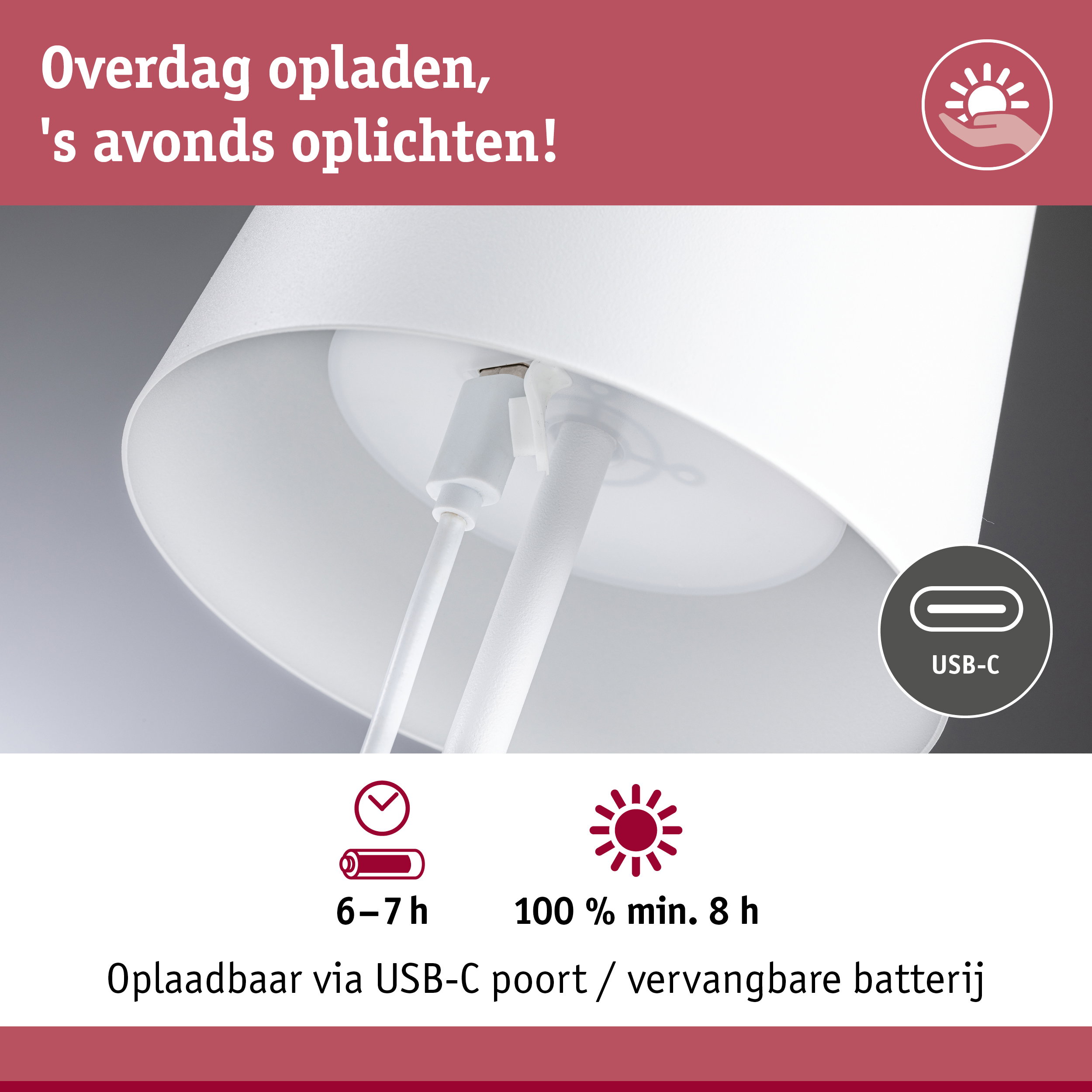 Witte lamp met USB-C oplaadpoort en vervangbare batterij voor flexibele verlichting