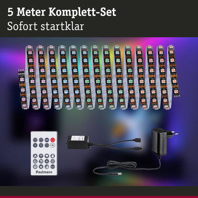 5 Meter LED-Lichtband Komplett-Set mit Fernbedienung und Netzteil für farbige Raumbeleuchtung