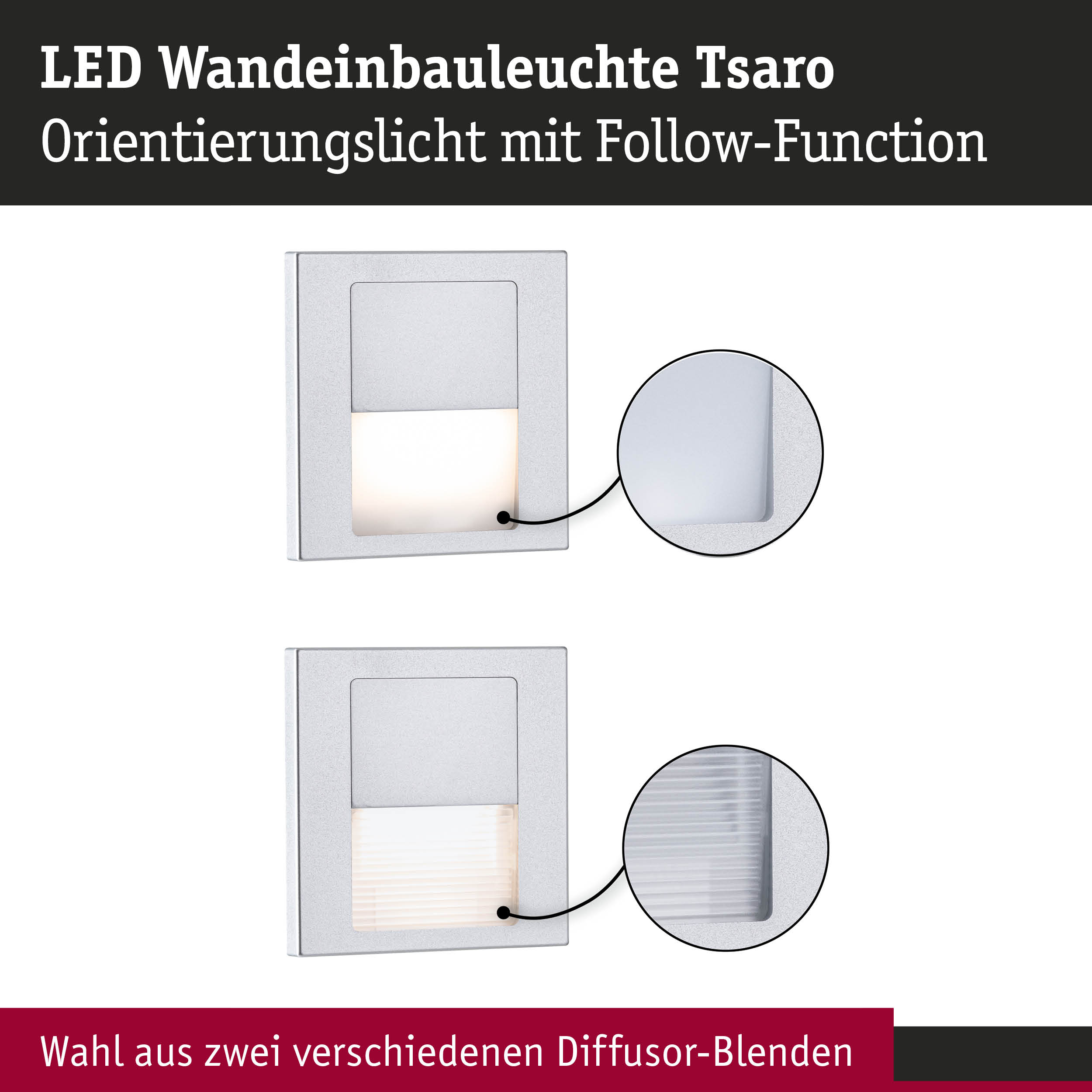 LED Wandeinbauleuchte Tsaro in Silber mit zwei Diffusor-Optionen für orientierende Beleuchtung