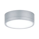 Rund loftlampe i sølvfarvet aluminium med hvid diffusor til moderne indendørs belysning