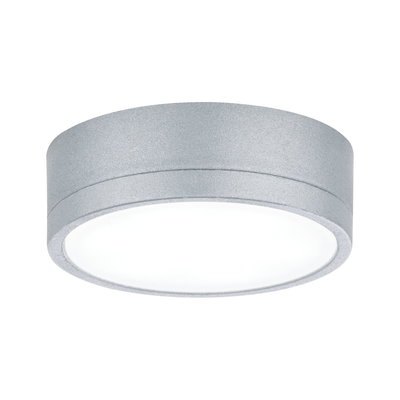 Rund loftlampe i sølvfarvet aluminium med hvid diffusor til moderne indendørs belysning