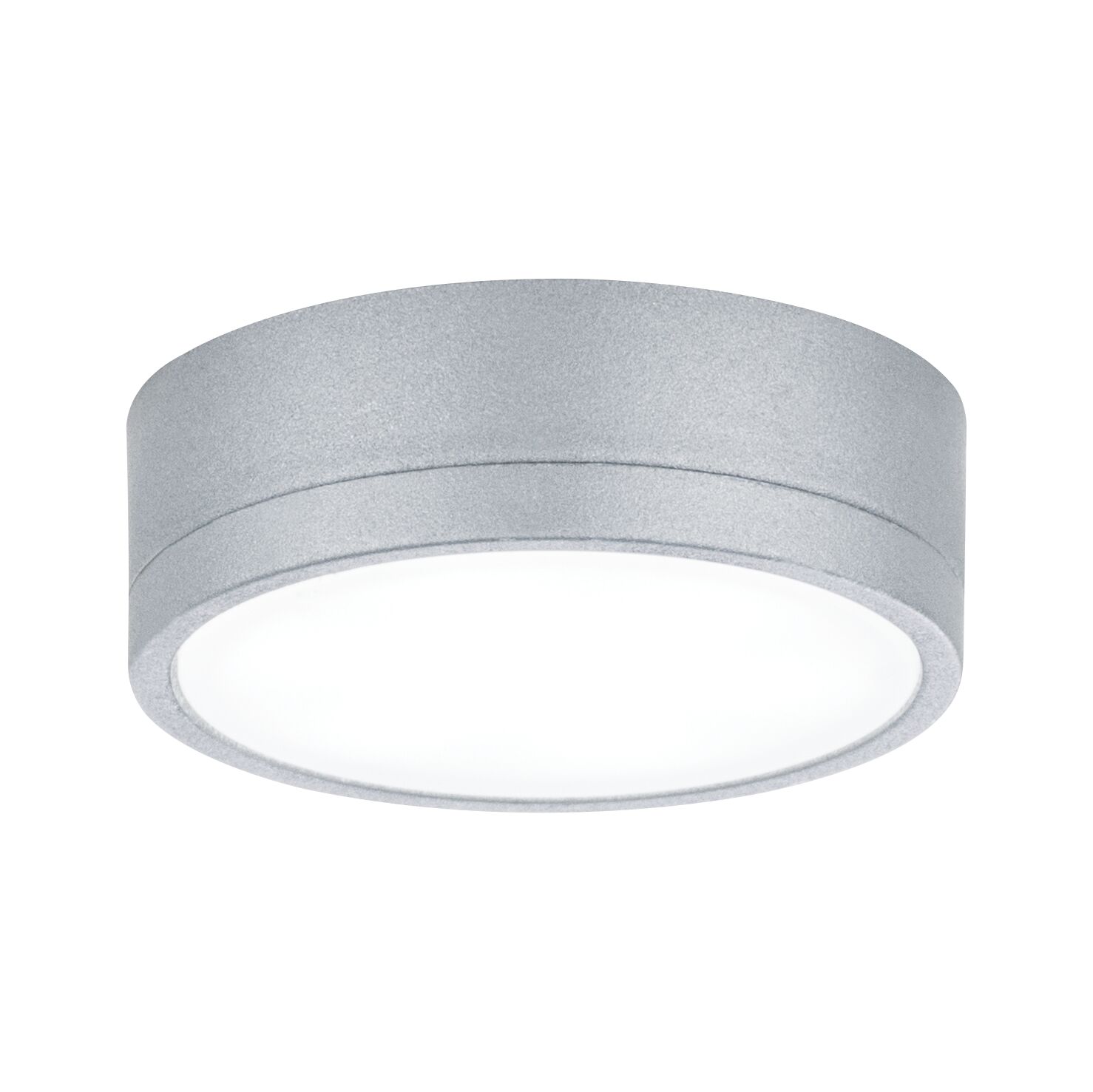 Rund loftlampe i sølvfarvet aluminium med hvid diffusor til moderne indendørs belysning