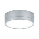 Rund loftlampe i sølvfarvet aluminium med hvid diffusor til moderne indendørs belysning