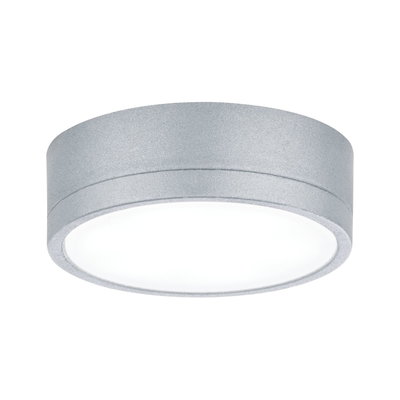 Rund loftlampe i sølvfarvet aluminium med hvid diffusor til moderne indendørs belysning