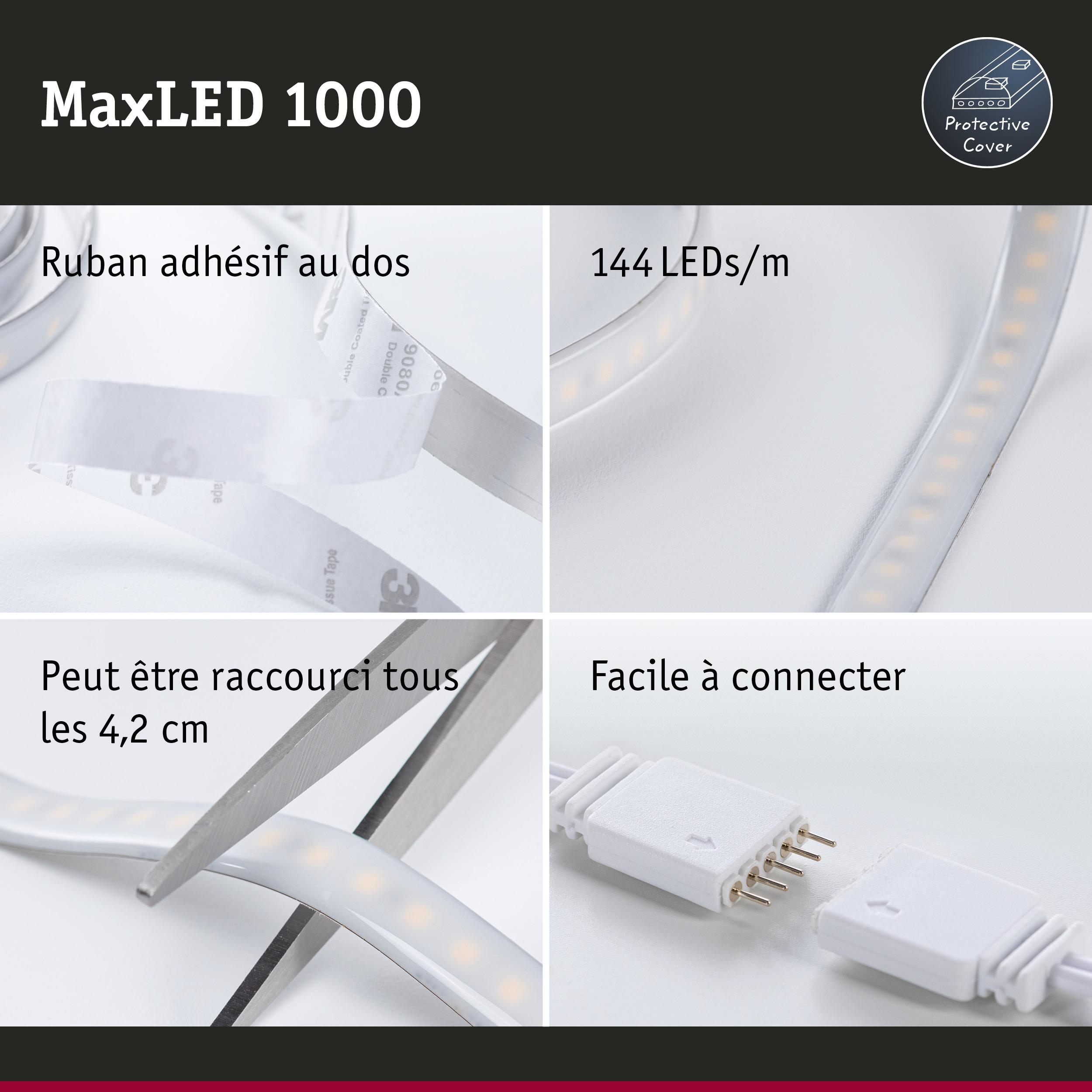 Bande LED MaxLED 1000 avec dos adhésif, 144 LEDs/m, coupable tous les 4,2 cm, facile à connecter