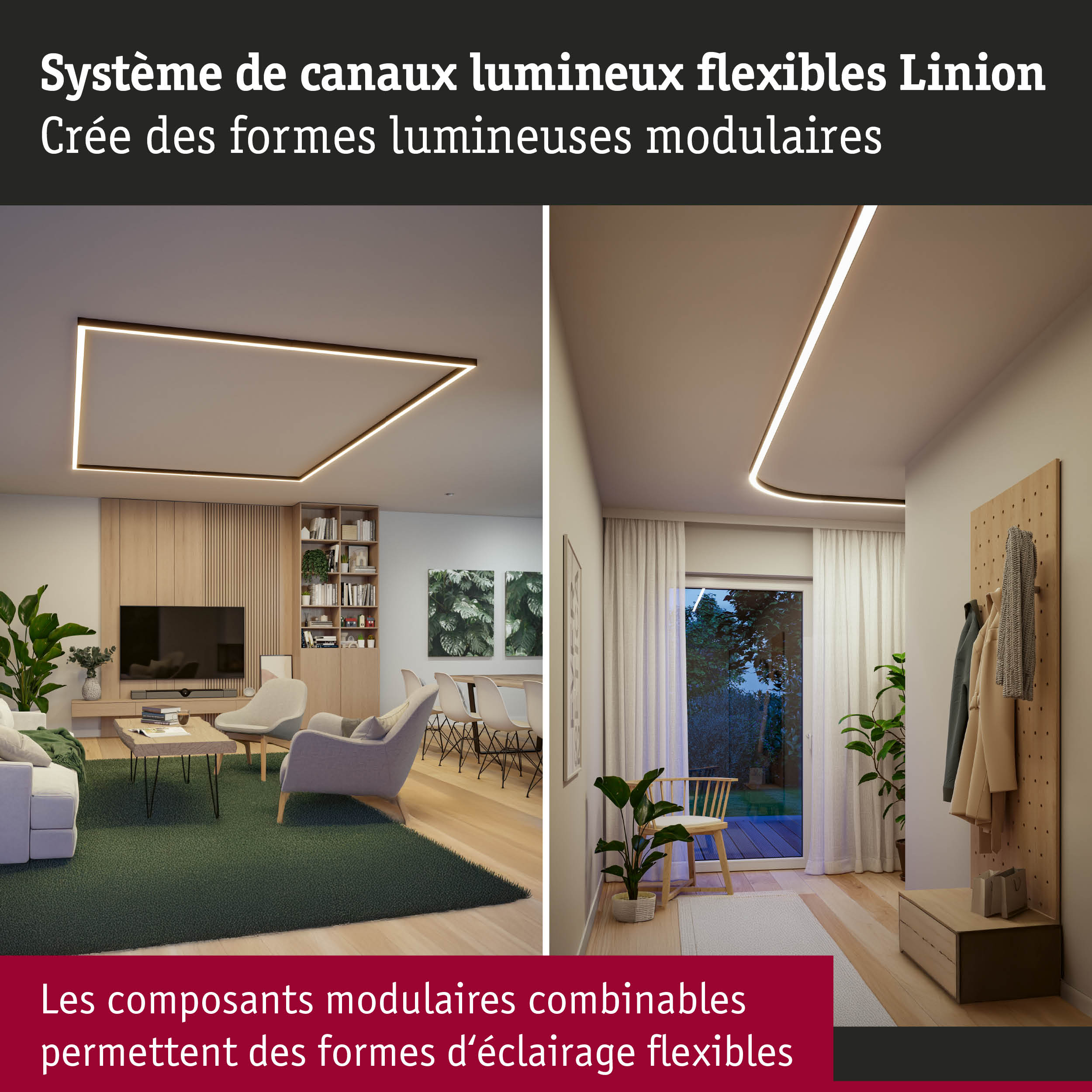 Système de canaux lumineux flexibles Linion avec formes lumineuses modulaires dans un salon moderne
