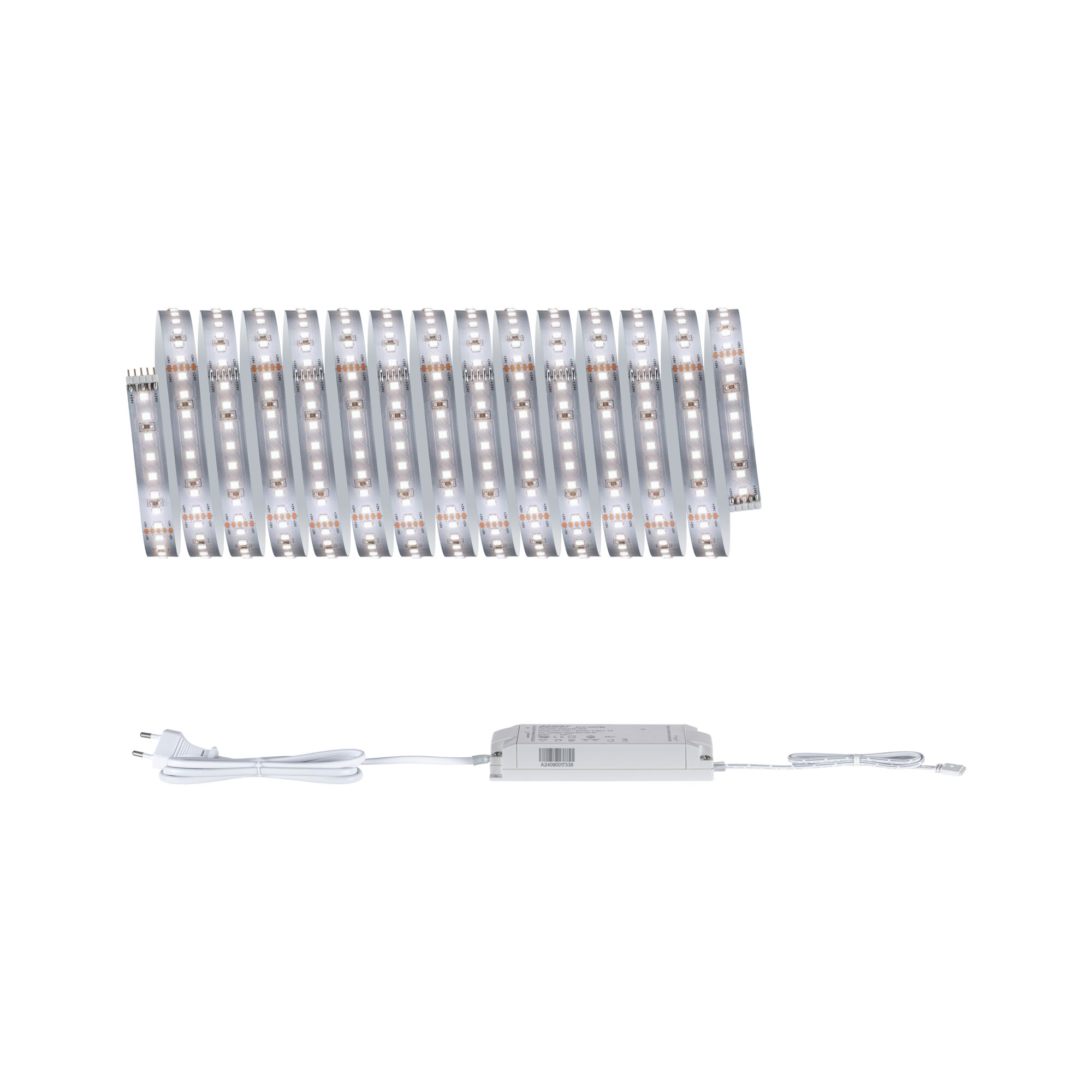 Flexibler LED-Lichtstreifen mit weißem Netzteil und Stecker für moderne Beleuchtungslösungen