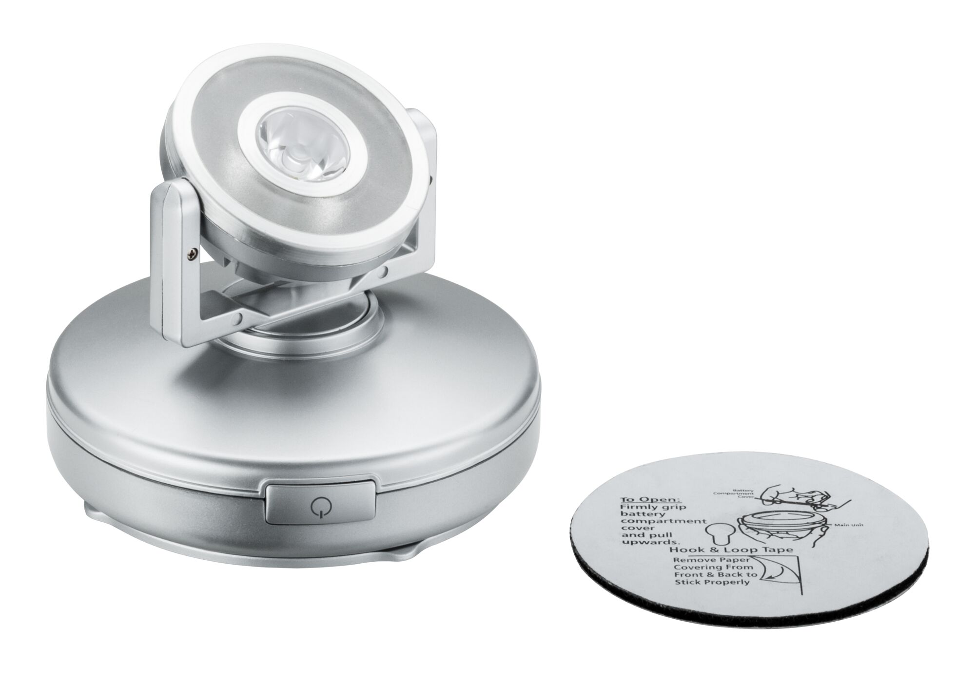 Projecteur LED argenté avec base ronde et patin adhésif amovible pour montage flexible et accents lumineux