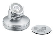 Projecteur LED argenté avec base ronde et patin adhésif amovible pour montage flexible et accents lumineux