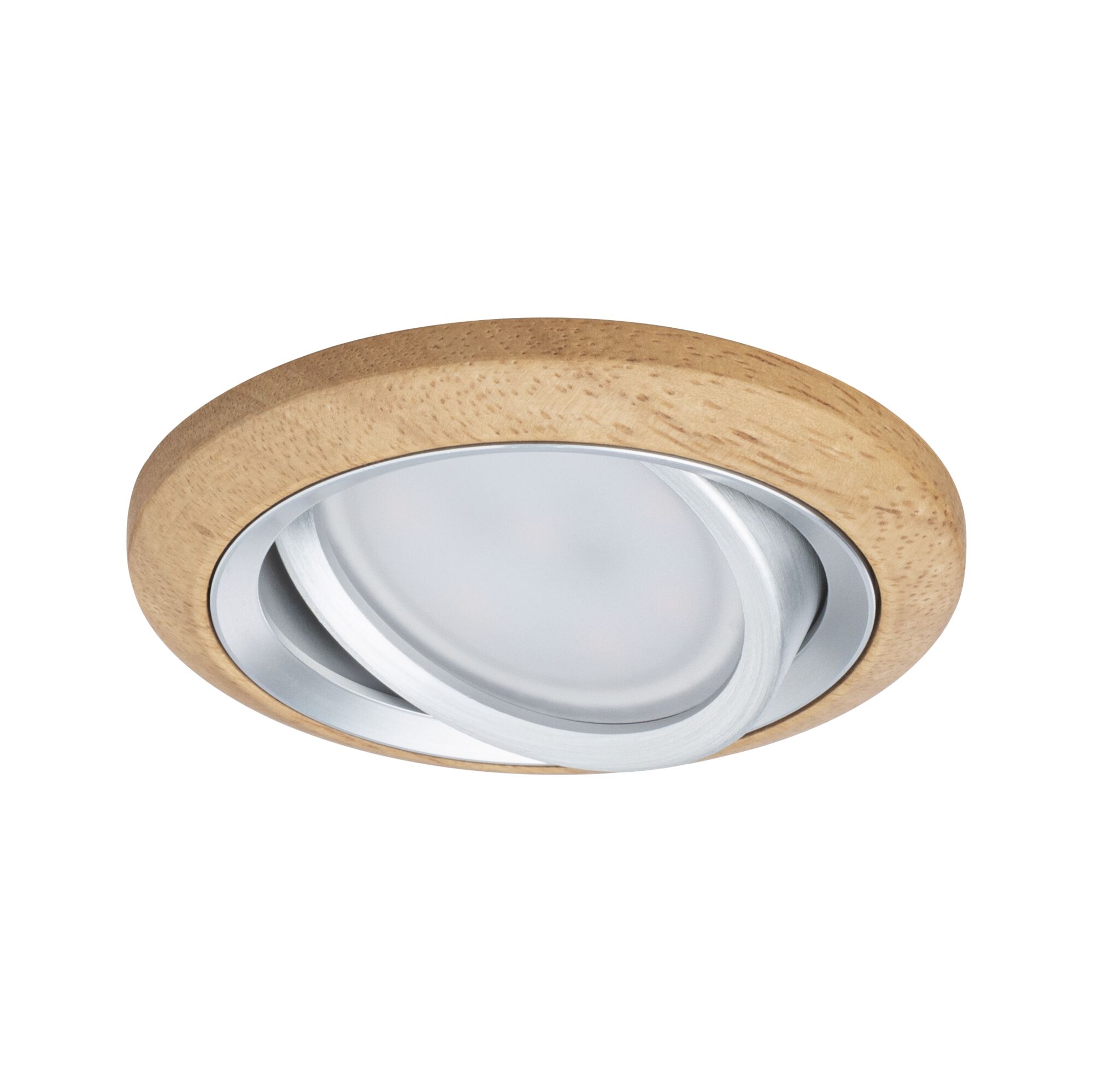 Rundes Einbaustrahler-Gehäuse aus hellem Holz mit silbernem Aluminiumring für LED-Beleuchtung