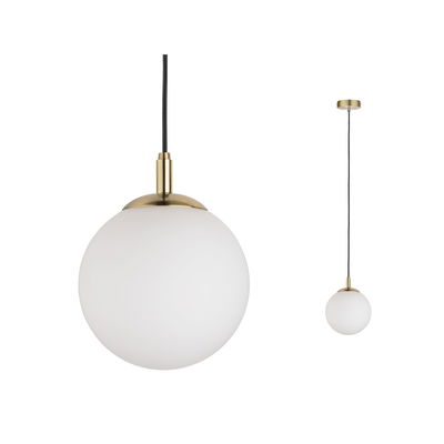 Suspension moderne en verre blanc et métal couleur laiton pour un éclairage intérieur élégant