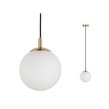 Modern pendant light with white glass and brass-colored metal for stylish indoor lighting