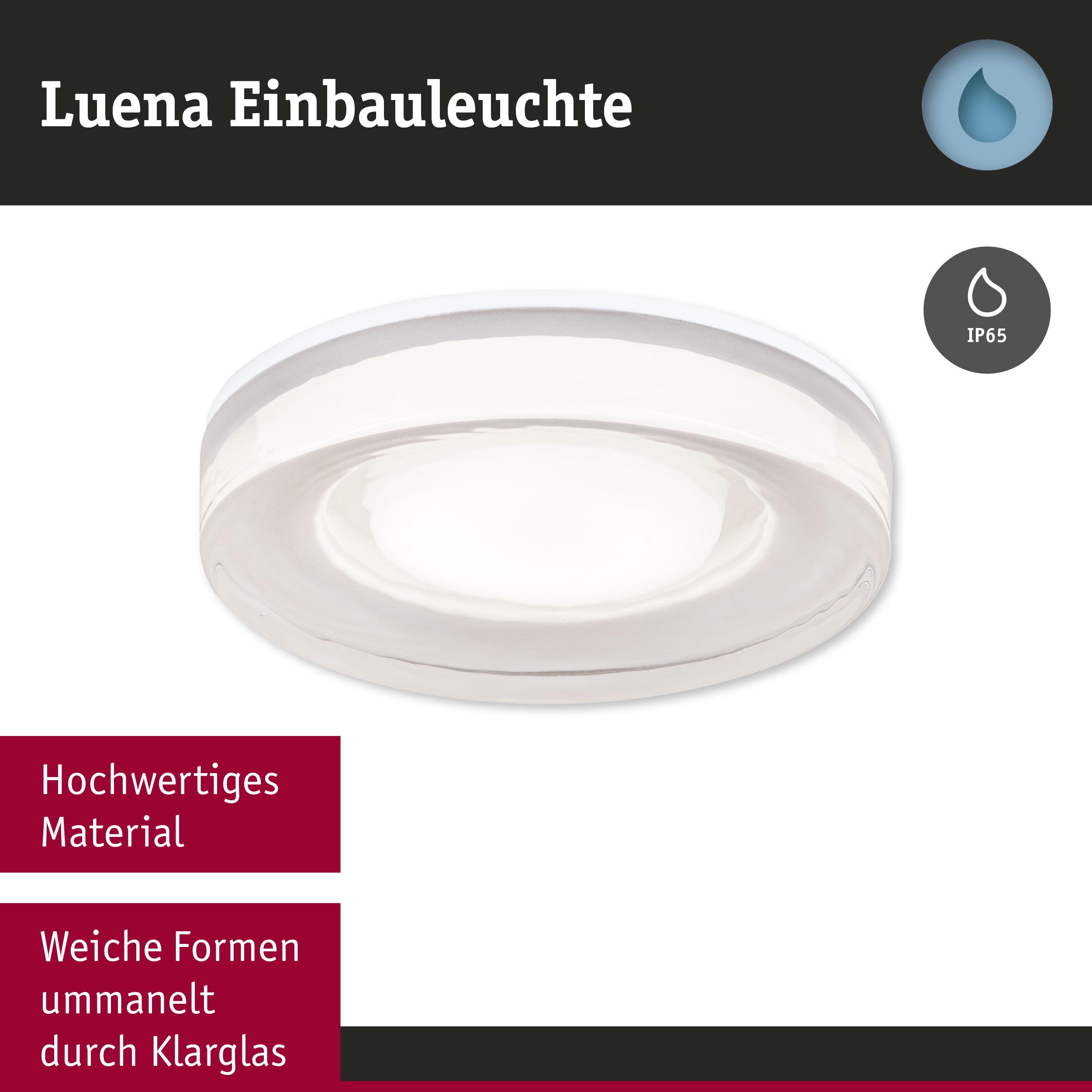 Luena Einbauleuchte aus klarem Glas mit weichen Formen, weiß, IP65 Schutz für Feuchträume