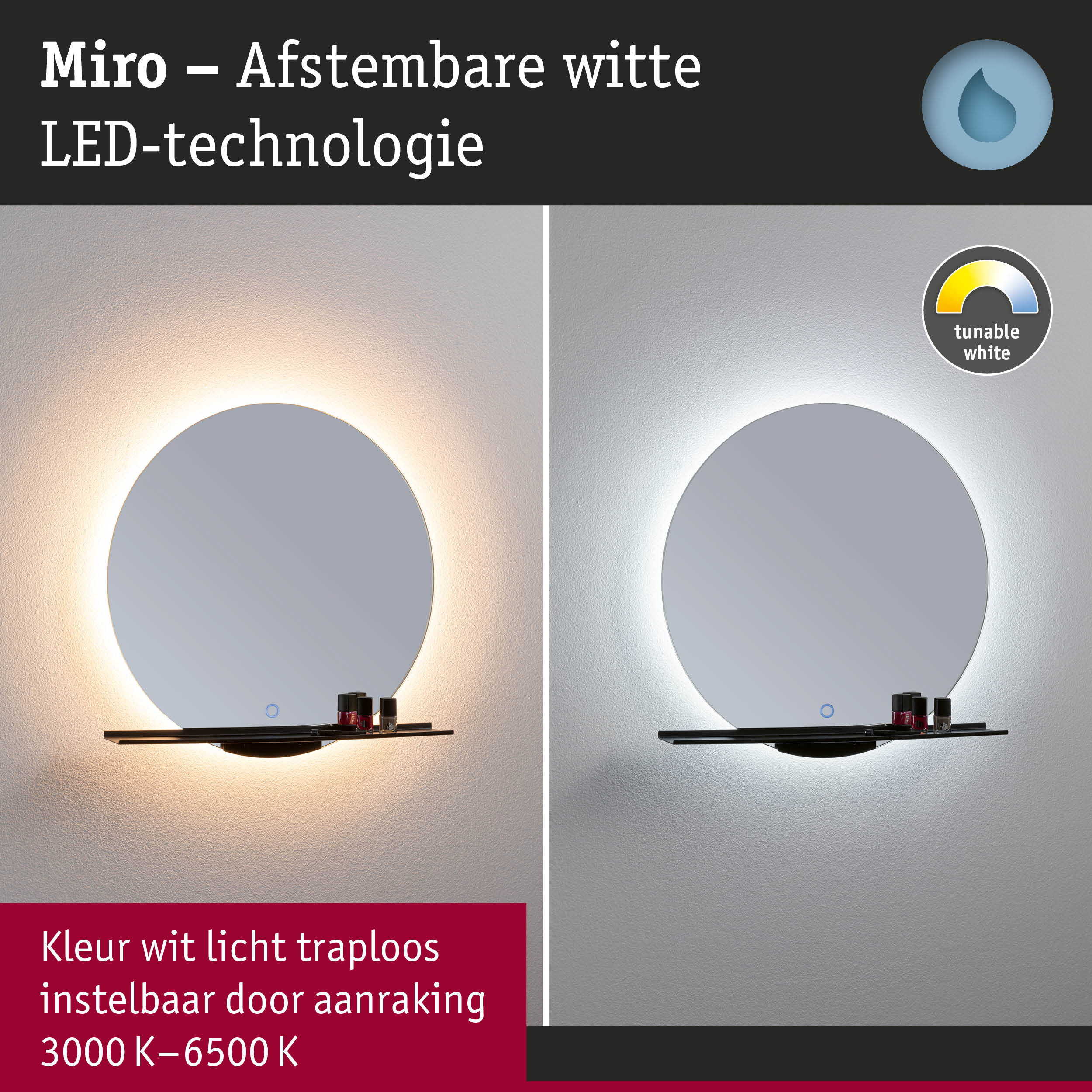 Ronde Miro LED-spiegel met afstemmbare witlicht 3000K-6500K en zwarte plank voor badkamer