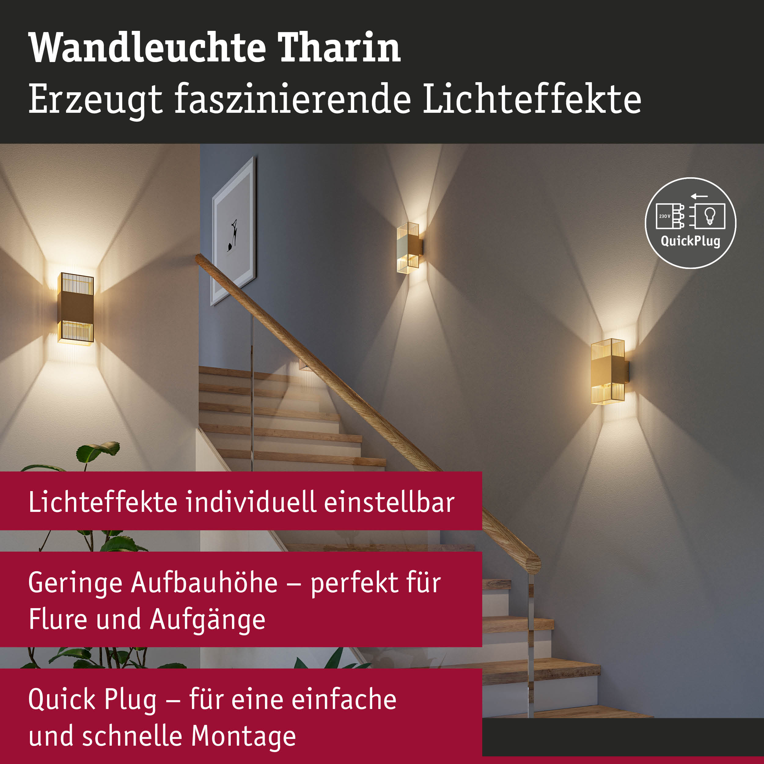 Wandleuchte Tharin aus goldfarbenem Metall mit faszinierenden Lichteffekten an Treppenwand