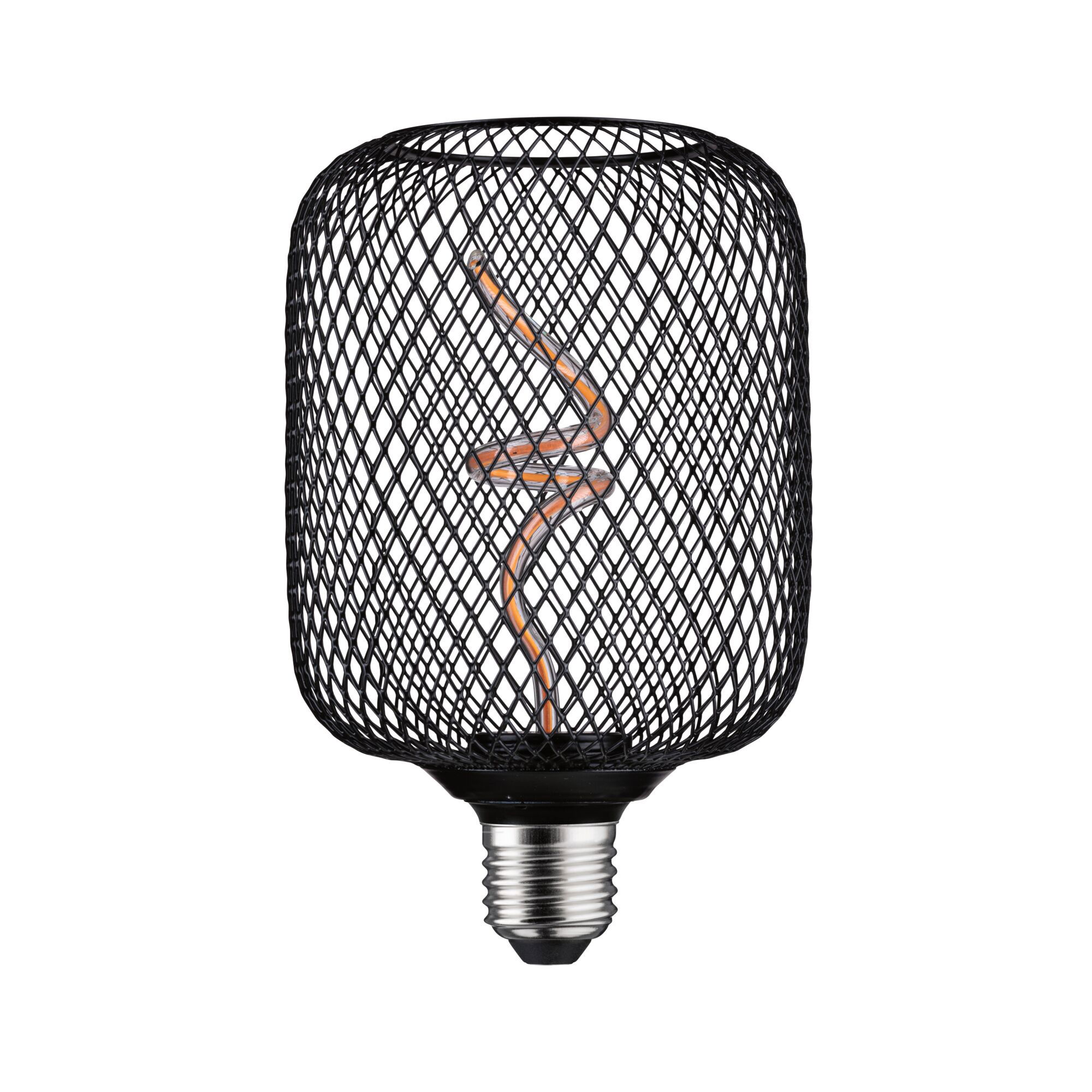 Black LED bulb with decorative wire cage and spiral filament for stylish lighting and modern design