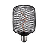 Black LED bulb with decorative wire cage and spiral filament for stylish lighting and modern design