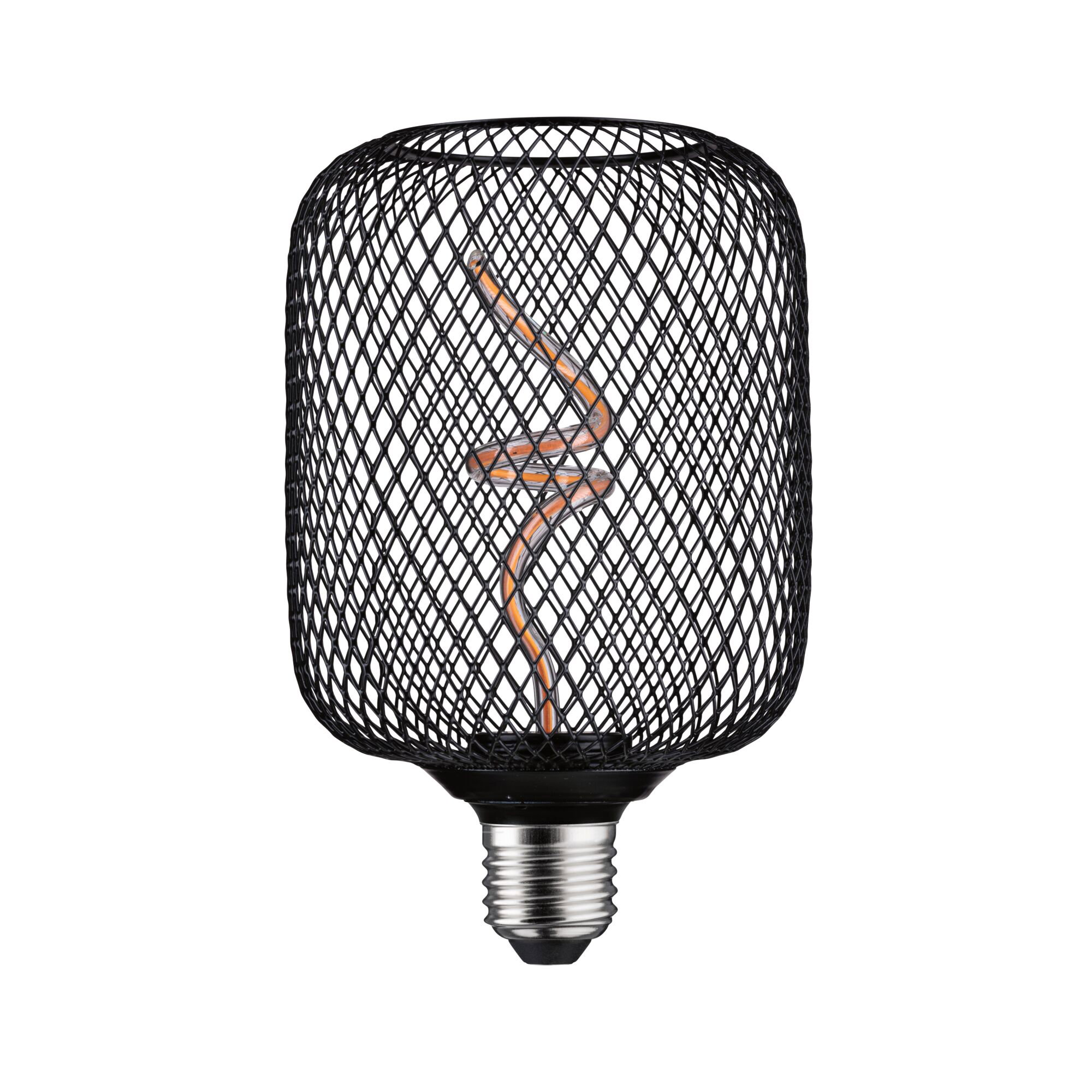 Black LED bulb with decorative wire cage and spiral filament for stylish lighting and modern design