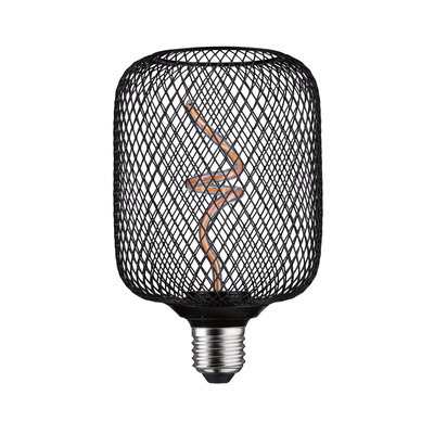 Black LED bulb with decorative wire cage and spiral filament for stylish lighting and modern design