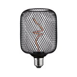 Black LED bulb with decorative wire cage and spiral filament for stylish lighting and modern design