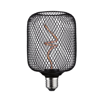 Zwarte LED-lamp met decoratieve draadkooi en spiraalvormige gloeidraad voor stijlvolle verlichting