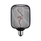 Black LED bulb with decorative wire cage and spiral filament for stylish lighting and modern design