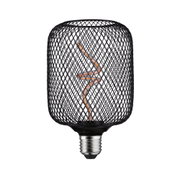 Black LED bulb with decorative wire cage and spiral filament for stylish lighting and modern design
