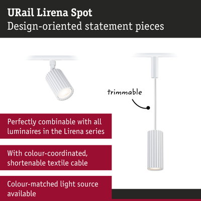 White URail Lirena Spot metal light with ribbed design and textile cable for modern interior lighting