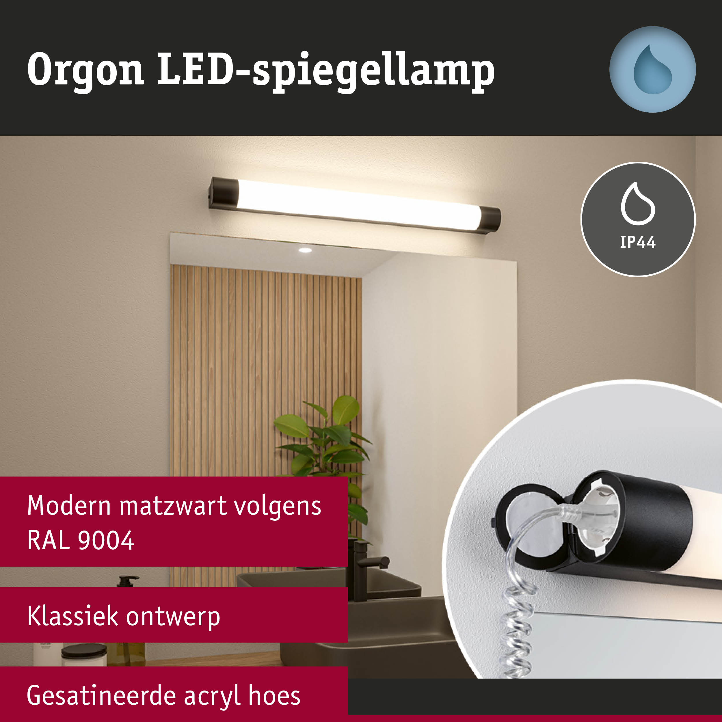 Orgon LED-spiegellamp in matzwart met gesatineerde acrylkap voor badkamerverlichting